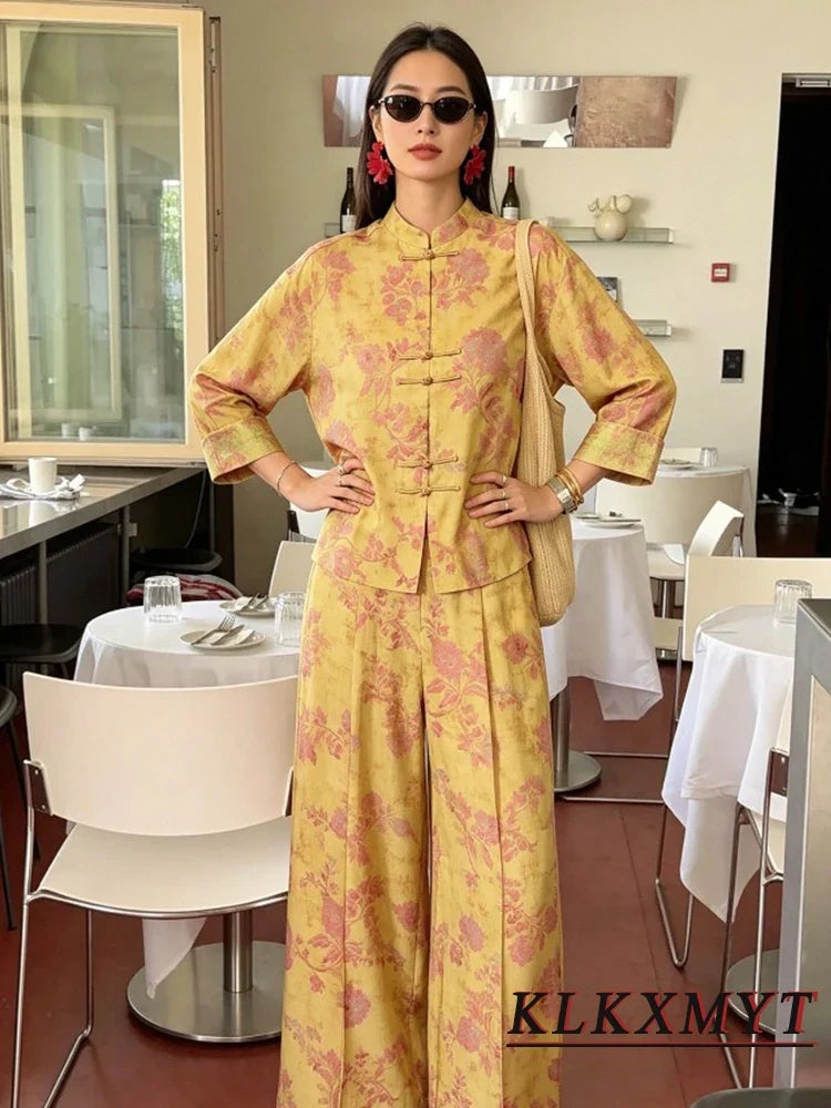 Women Fashion Flower Print Sets Sexy Long Sleeve Frog Button Decoration Top+Wide-Leg Pants Summer Autumn Vacation New 2 Pieces