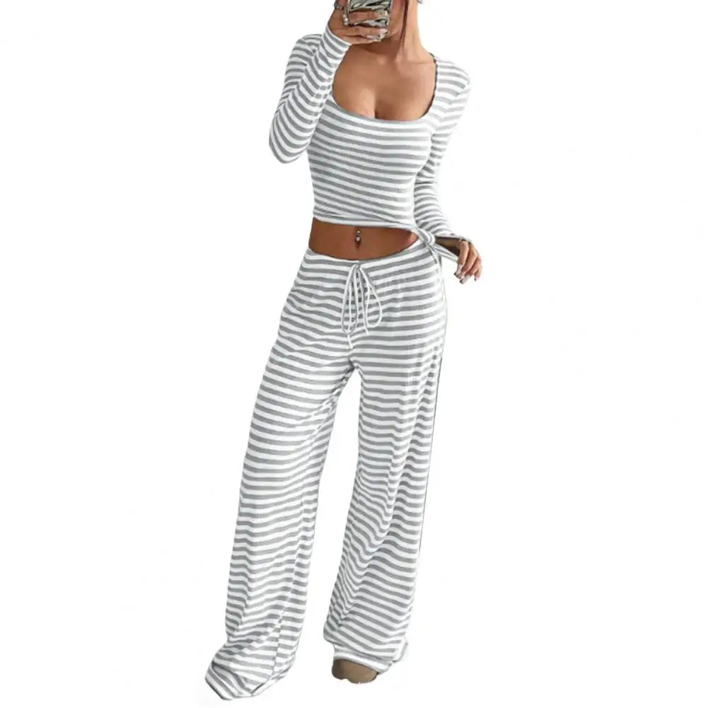 Women's Striped 2 Piece Outfits Long Sleeve Square Neck Cropped Top Drawstring Wide Leg Pants Set Casual Lounge Lady Sweatsuits