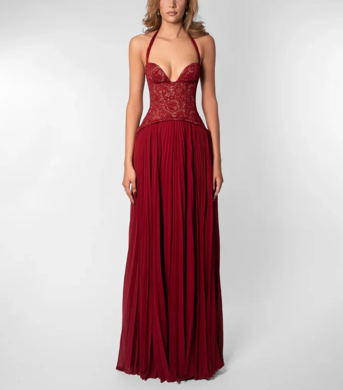 Green Corset Halter Long Dress Women Backless Off Shoulder Pleated Patchwork Slim Maxi Dress 2026 Summer Lady Party Evening Gown