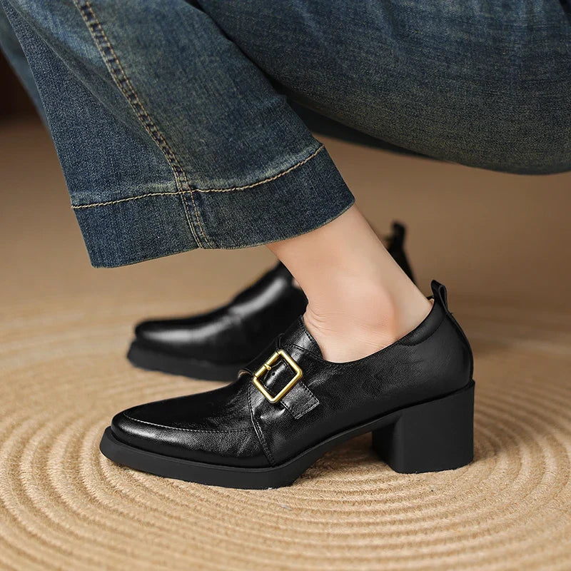 2026 New Women Pumps Pointed Toe Women Shoes Chunky Heel Loafers Fashion High Heels Split Leather Ladies Shoes Big Size 43