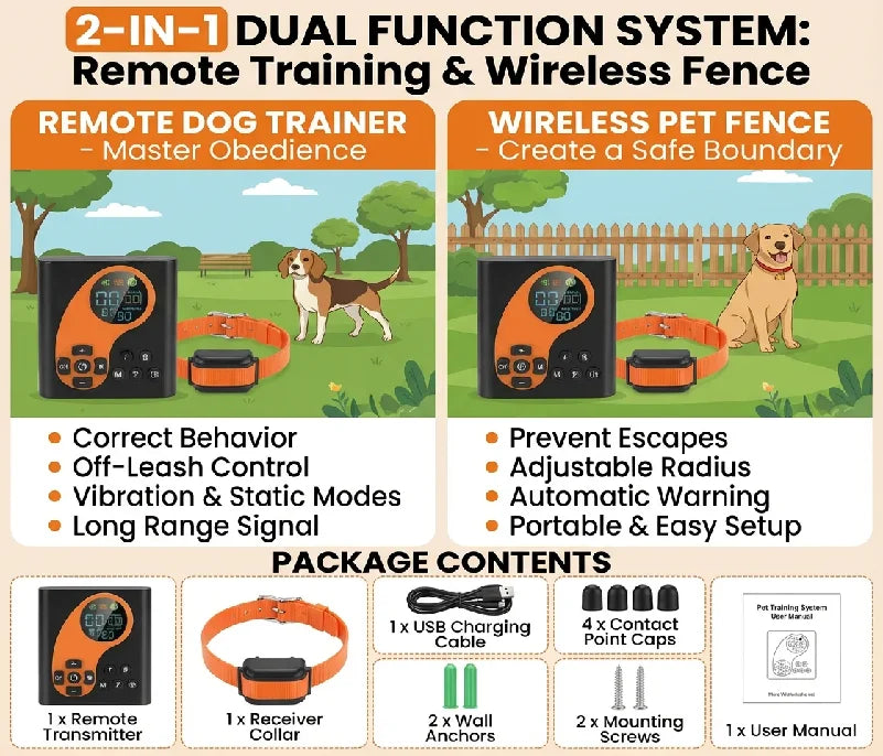Electric Dog Fence Wireless with Remote Trainer, 2-in-1 Pet Training System, Waterproof Shock Collar for Dogs, Anti-Bark Control