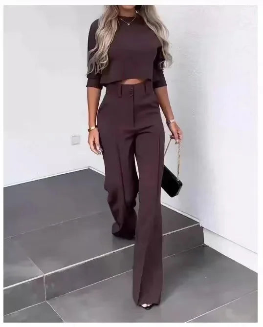 Casual Long Sleeve Shirt Pants Set Office Lady Spring Autumn Fashion Solid O-neck Tops Trousers Two Piece Set Women Outfit 2023