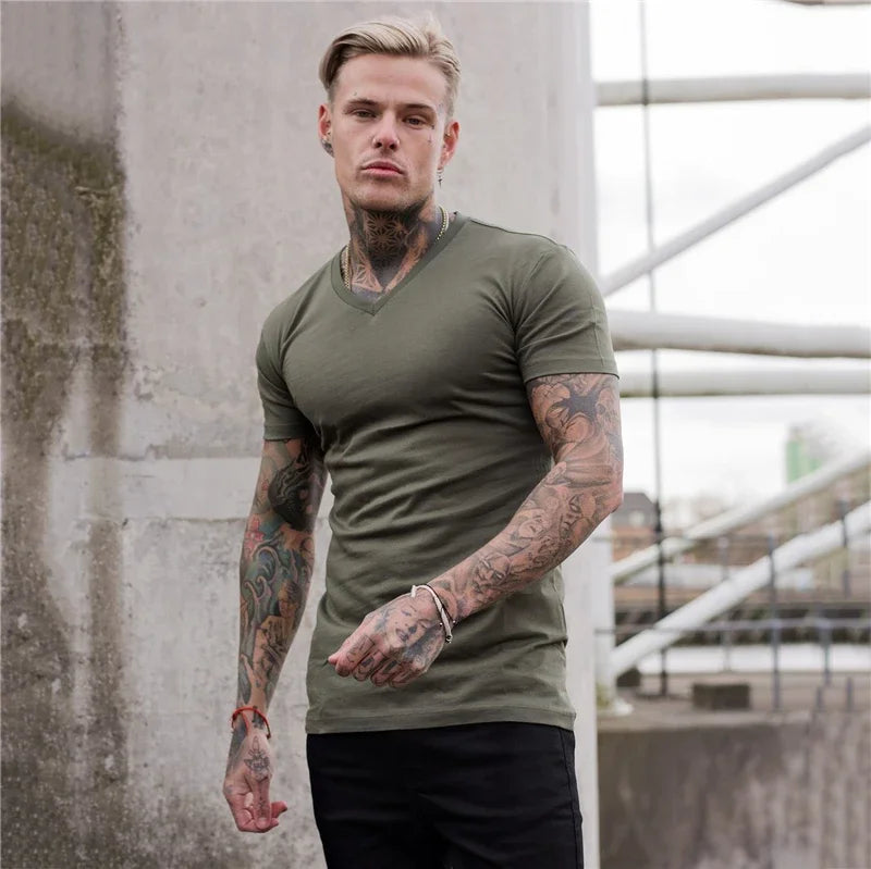 Hombres Moda Cuello V Manga Corta Fitness Ejercicio Verano Algodón Transpirable