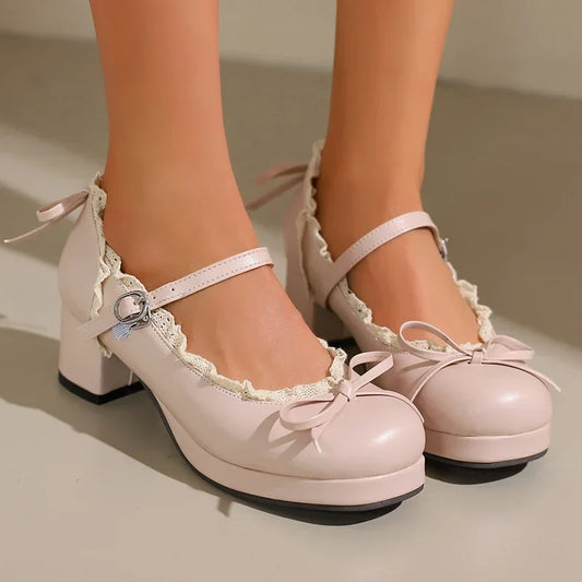 Women's Lolita Cosplay Mary Jane Pumps, Strap Platform Block Heel, Lace & Bow, Kawaii Vintage Dress Shoes Plus Size 31-50