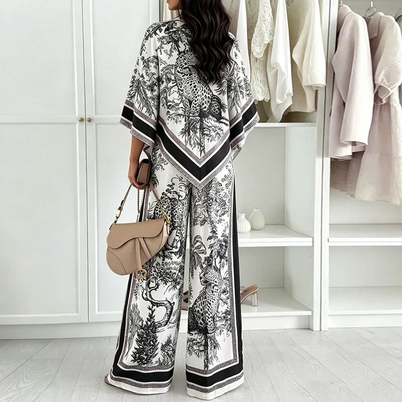 Vintage Printed Shirt High Waist Wide Leg Pants Suit Women Casual Two Piece Set Irregular 3/4 Length Shirt Trousers Holiday Sets
