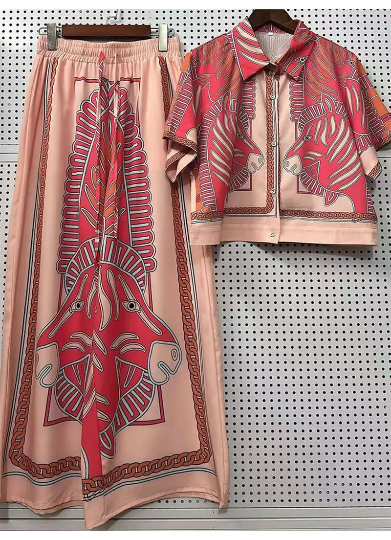 2026 Summer New Fashion Women's Print Suit Lapel Short Sleeve Short Waist Shirt + Elastic Waist Straight Trousers Two-Piece
