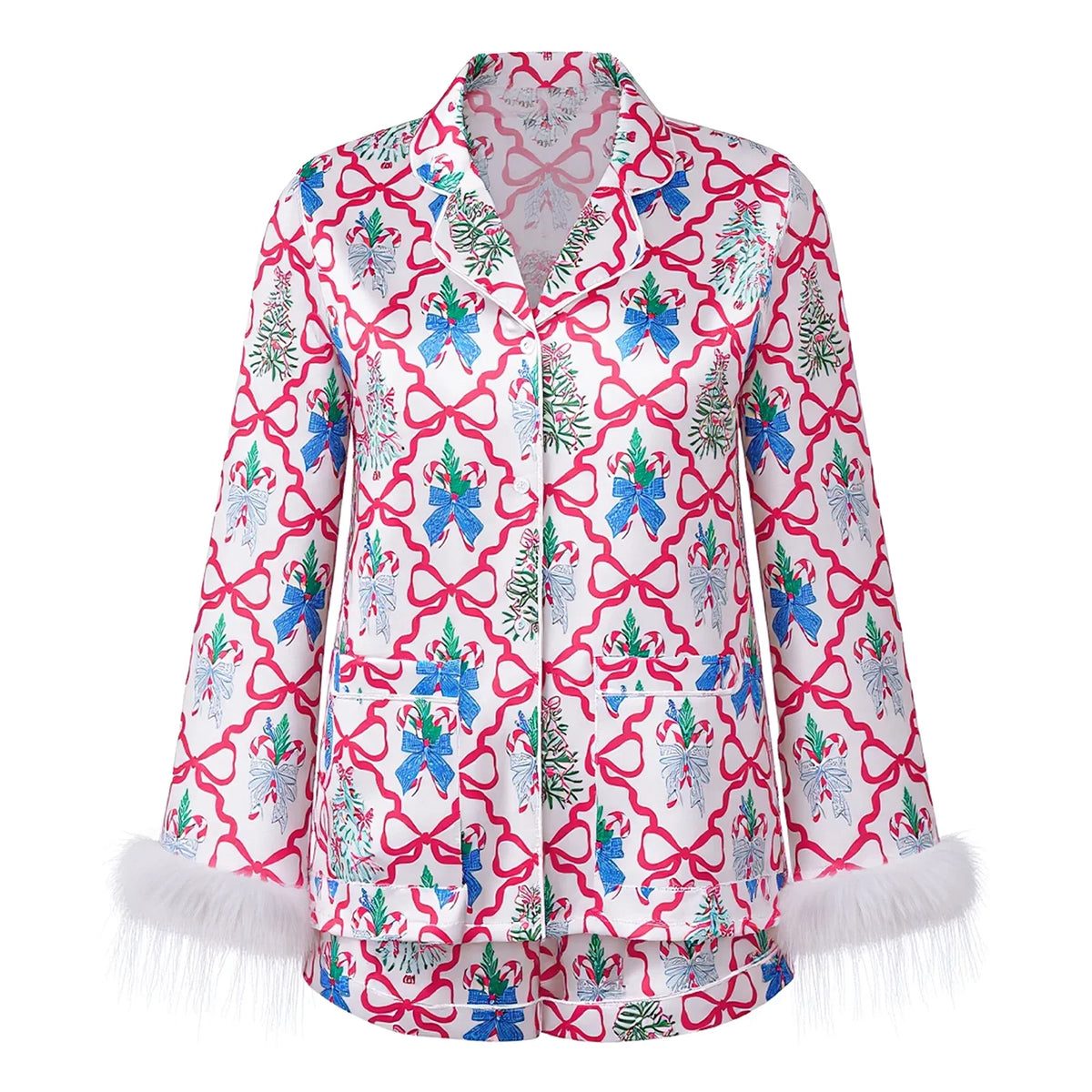 Women Satin 2025 Christmas Pajama Set Bow/Tree Print Long Sleeve Shirt with Shorts Two Pieces Sleepwear Loungewear
