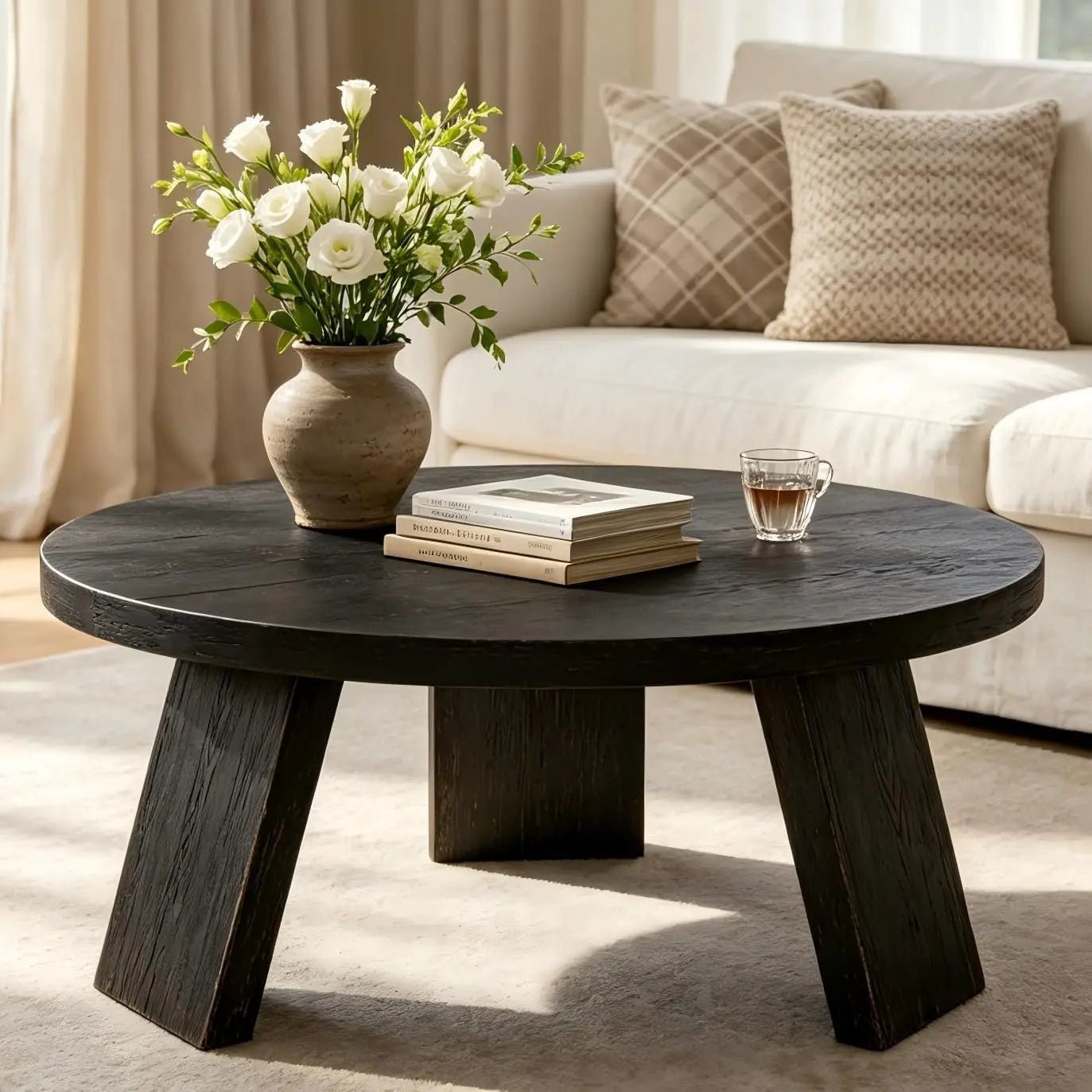 33.5 Inch Round Coffee Table For Living Room, Modern Center Table With Wood Grain Top and Angled Legs For Apartment