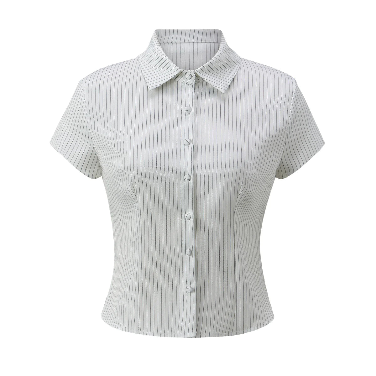 Women Button Down Slim Fit Striped Shirt Fashionable Summer Short Sleeve Turn Down Collar Tops for Casual Daily Wear