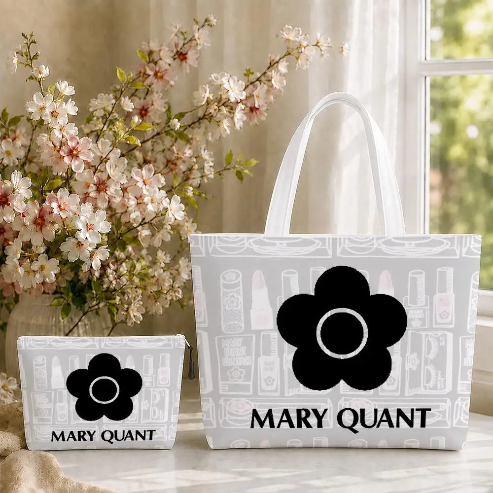 Fashion M-Mary Quant Storage Bags 2-Piece Canvas Tote Bag Set with Zipper Pouch Large Capacity Shopping Travel Bag