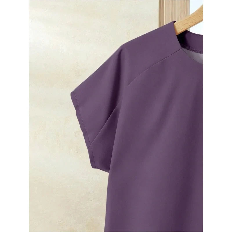 Retro plus Size Women's Ink Purple Printed Skirt Set with Simple Purple Short-Sleeved T-Shirt Elegant Casual Women's Outfit