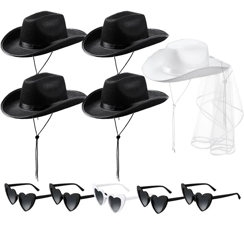 5-12Set Cowgirl Cowboy Hats Bachelorette Cowboy Hats for Bridal Shower Wedding Rhinestone Bandana Heart Glasses for Last Disco