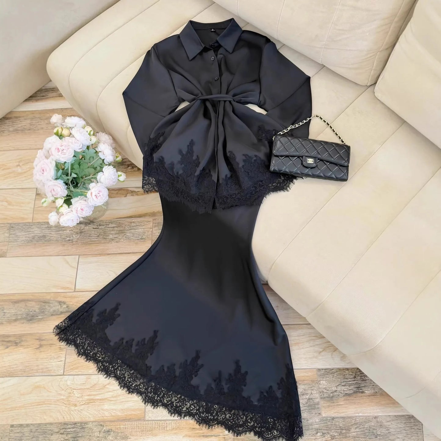 Women Two Piece Sets Skirt Set Turn Down Collar Lace Sexy Full Sleeve Tops Long Skirts High Waist Y2k Streetwear Elegant Work
