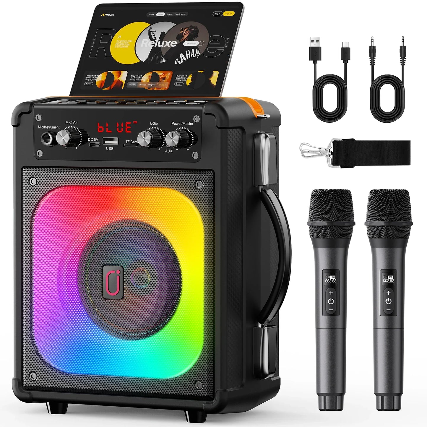 Tx06Karaoke Bluetooth Speaker with Microphone,High-Power Karaoke Outdoor Bass Audio,Karaoke Bluetooth Speaker Music Rhythm Light