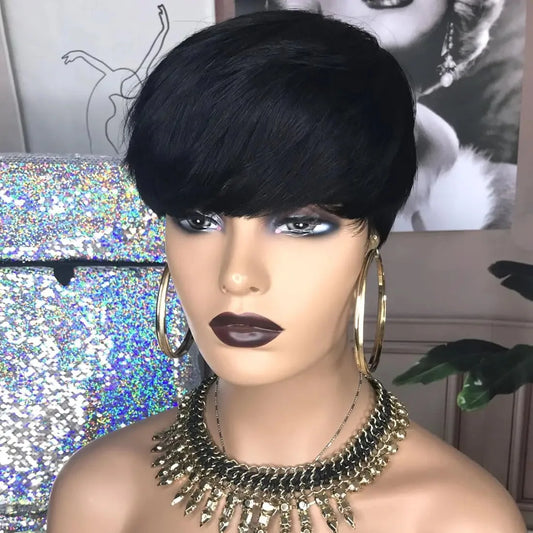 Peluca corta de corte Pixie, cabello humano, lacio, en capas, peluca de corte Pixie, cabello Remy brasileño, hecho completamente a máquina, color natural para mujeres
