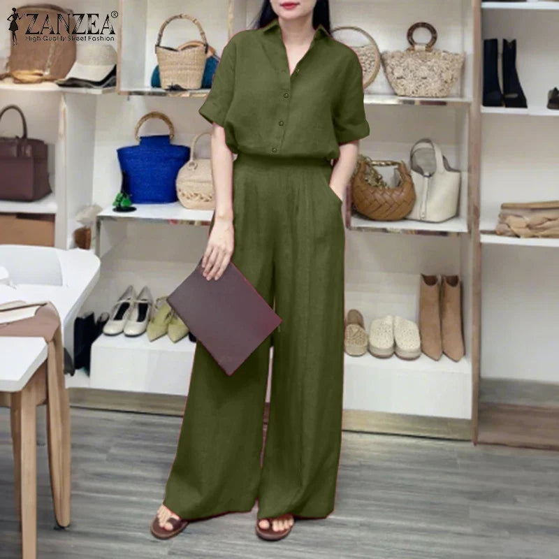 Summer Women's Casual Pant Suits Wide Leg Pant & Half Sleeve Shirt 2 Piece Sets ZANZEA Solid Color Commuting Day Wear Pant Sets