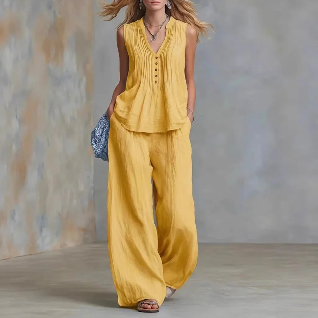Women's Pullover Blouse And Pants Two-piece Set Women's V-Neck Vest Top Summer Suit Elastic Waist Trousers Lady Sets Outfit 2026