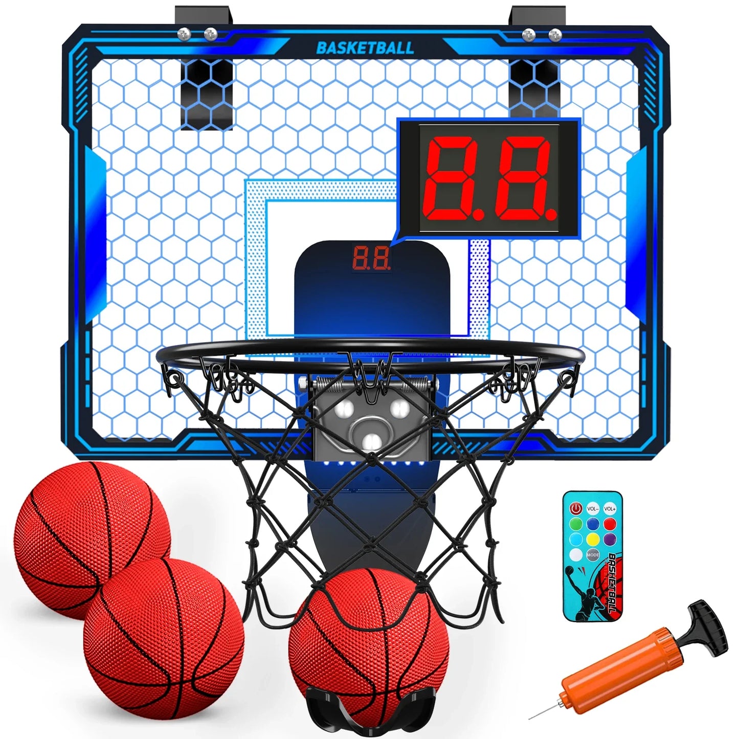 Mini Indoor Basketball Hoop with 7 LED Lights Scoreboard 3 Play Modes Adjustable Volume over Door Foldable for Kids Adults