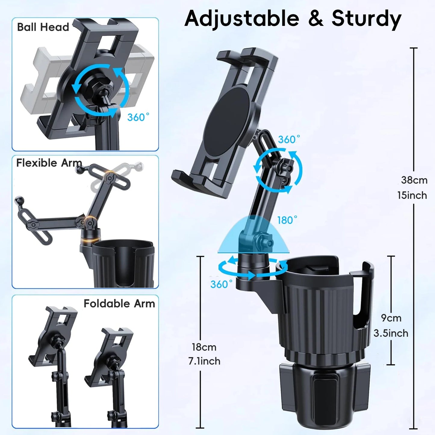 Tablet Holder for Car, 3 in 1 Cup Holder ipad Car Phone  Mount with Expander，Adjustable Base and Long Arm for 4-12.9‘’ Tablet，