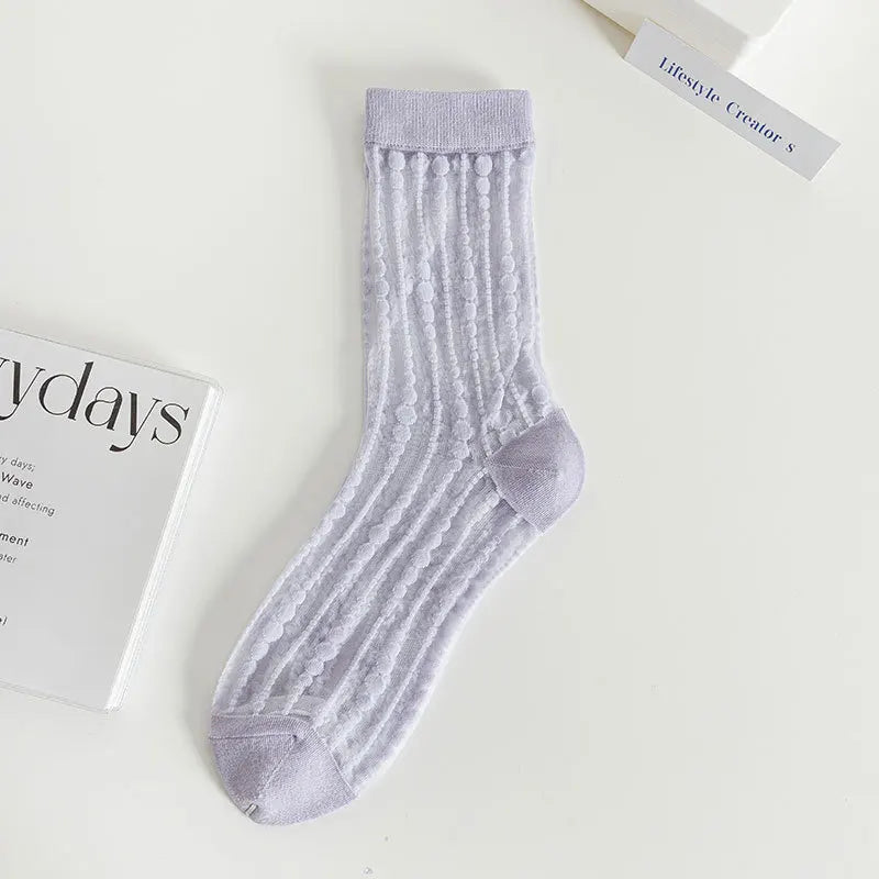 Transparent Crystal Silk Socks Women Fashion Ultra-thin Summer Harajuku Crew Socks Flower Streetwear Elastic Long Mesh Socks