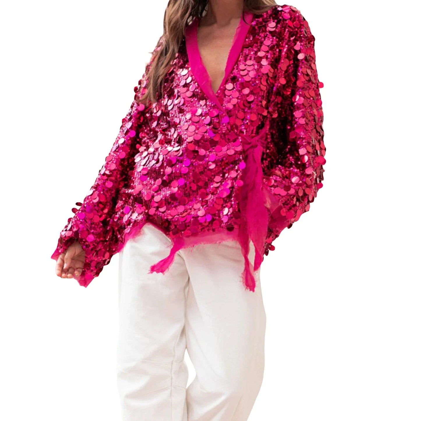Shiny Sequin Cardigan for Women Trendy V Neck Front Wrap Tie Long Sleeve Coat Ladies Fashionable Sparkling Pullover Tops Punk