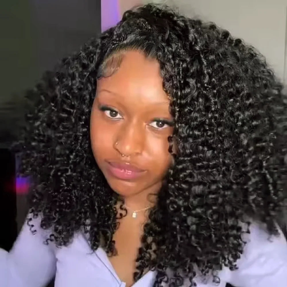 Peluca de media cabeza rizada de 16 pulgadas de cabello humano 3 en 1, media peluca sin costuras con volteo de cabello humano, peluca de cola de caballo de cabello humano ondulado con cordón, densidad 200