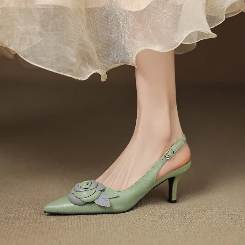 Elegant Woman Sandals High Heel Genuine Leather Pointed Toe Footwear 2025 Summer Slingback Fashion Dress Ladies Women Shoes