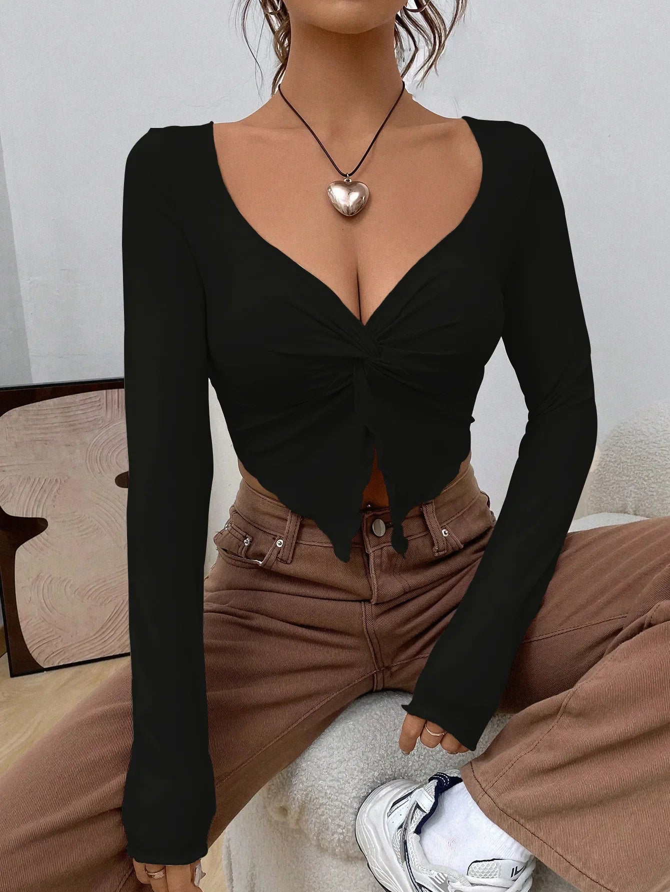 Fairyshely 2026 Autumn Winter V Neck Bodycon T-shirt Sexy Women Long Sleeve Bodycon Crop Top Lady Apricot Y2K Club Short Tops