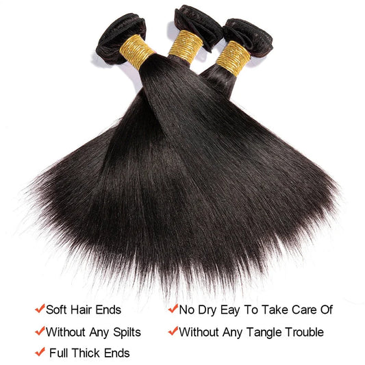 Extensiones de cabello virgen humano sin procesar 12A peruano liso | 100% (negro natural, 1/3/4 piezas)