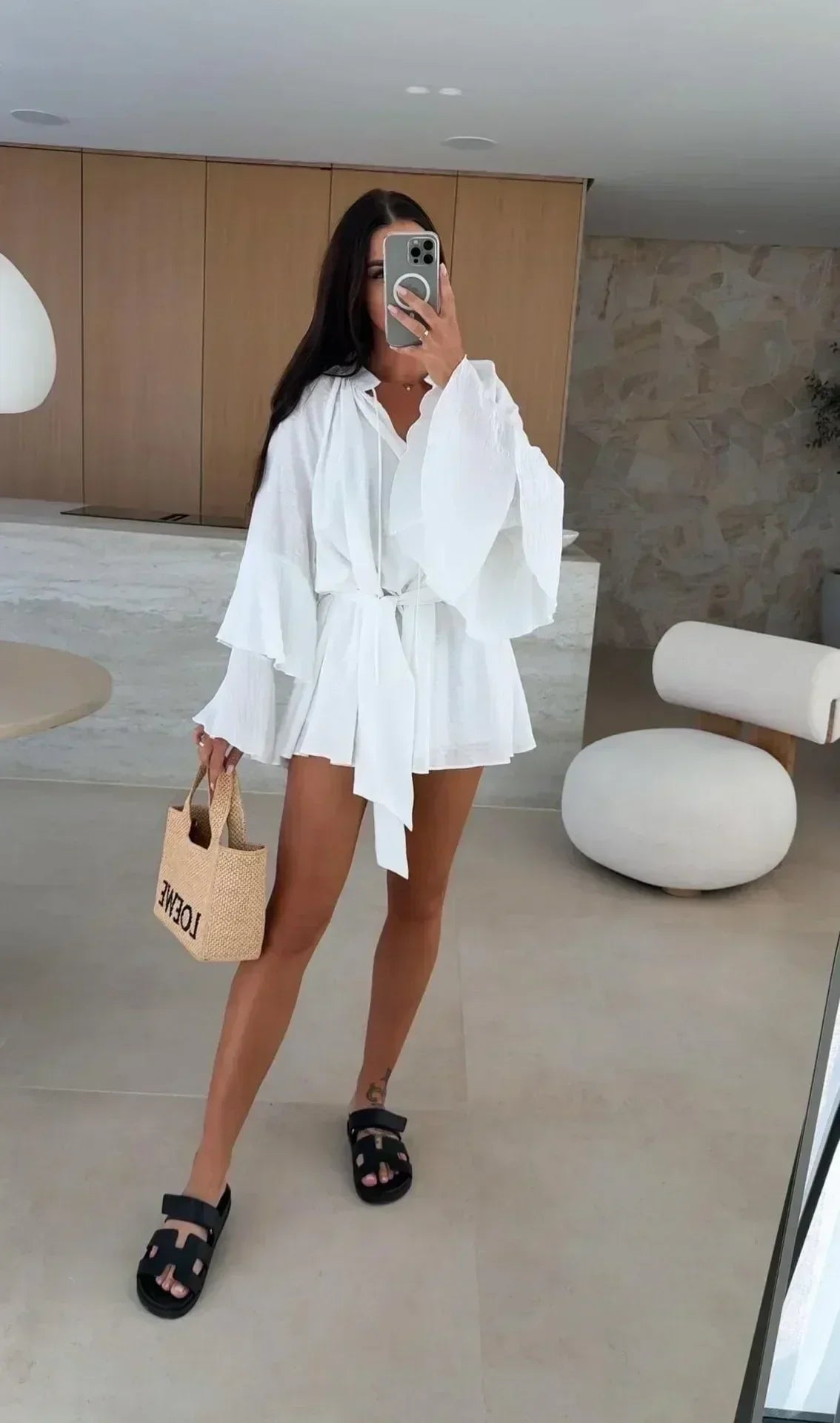 Elegant Fold Dress Women Brown Deep V-neck Long Sleeve Mini Dresses Female 2025 Spring Summer Fashion Loose Lady Vestidos