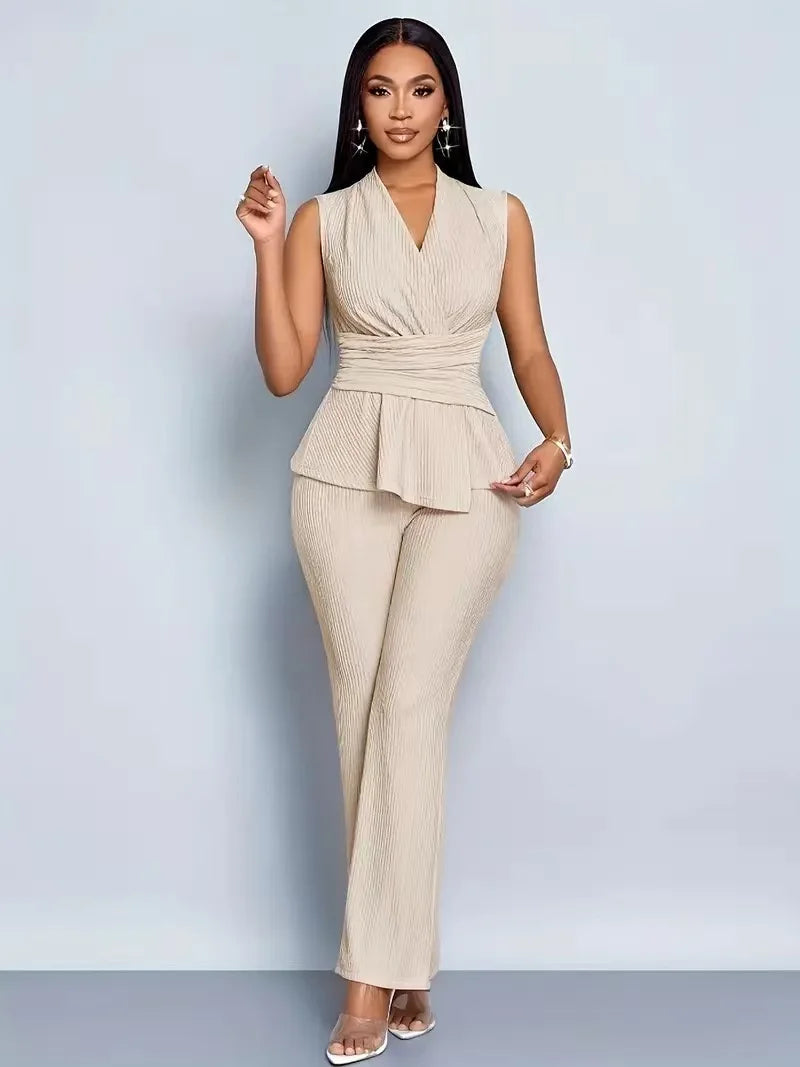 Women's Elegant 2 Piece Outfits Sleeveless V Neck Pleated Peplum Top And Straight Leg Pants Set Casual Office Workwear Matching