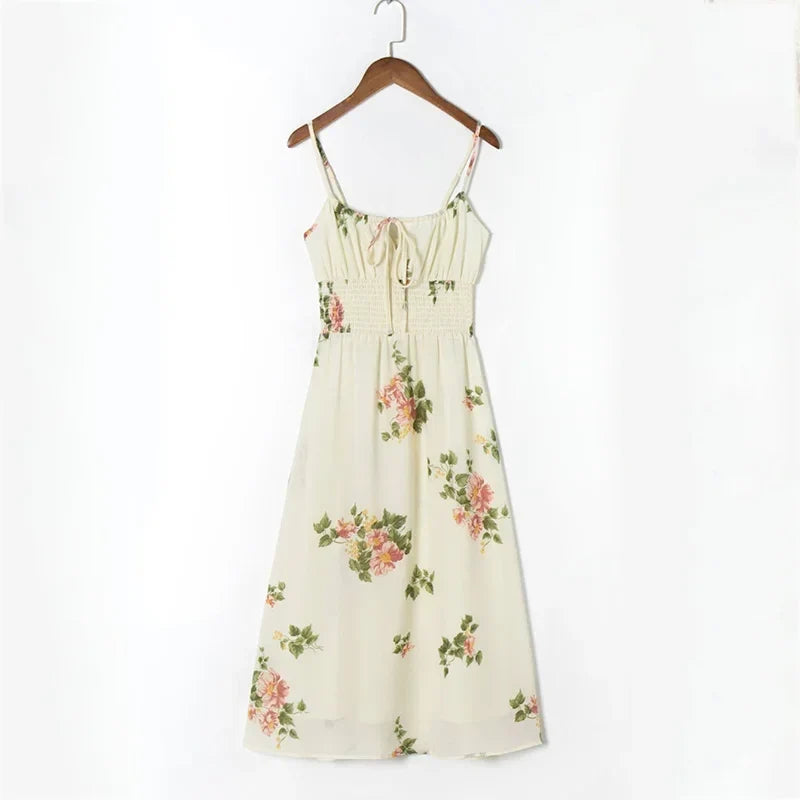 Spaghetti Strap Lace Up Beige Chiffon Summer Dress Sexy Slip Midi Sleeveless Dress Robe Big Flower Print Women Beach Dress Boho
