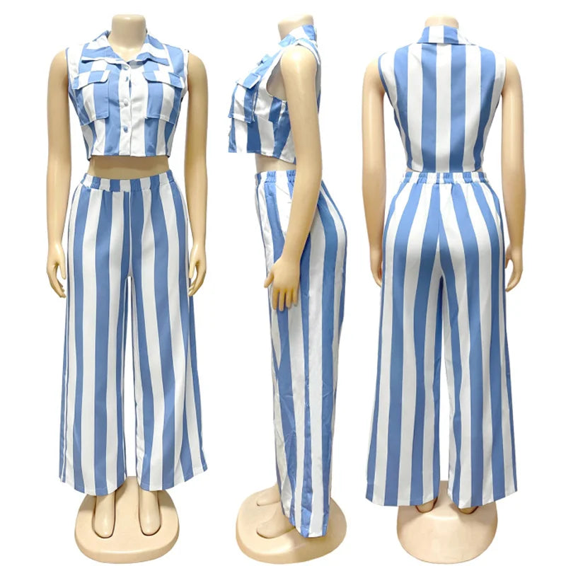 New African Fashion Women Casual Two Piece Set Striped Printed Sleeveless Pockets Crop Vest Top And Wide Leg Pants Set