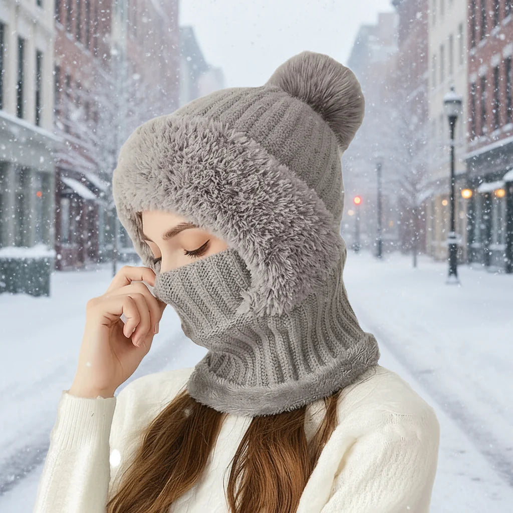 Gorro de punto forrado para invierno con orejera y cuello tipo pasamontañas