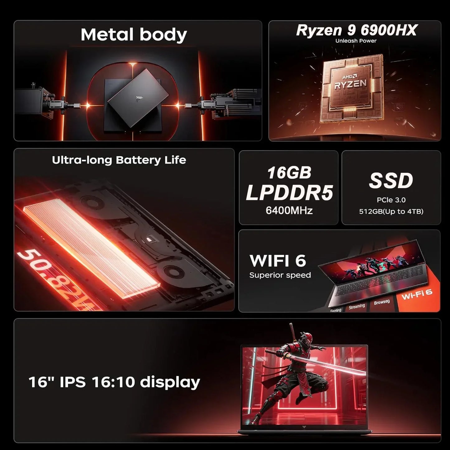 KAMRUI 16" Laptop AMD R9 6900HX 16GB LPDDR5 512GB PCle4.0 SSD Win11 Pro Backlit Keyboard Full-Featured Office Gaming Notebook