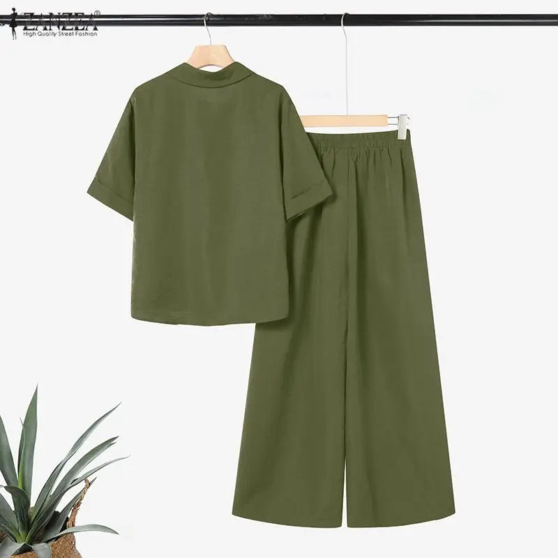 Summer Women's Casual Pant Suits Wide Leg Pant & Half Sleeve Shirt 2 Piece Sets ZANZEA Solid Color Commuting Day Wear Pant Sets