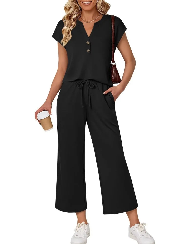 Women 2 Piece Outfit Set V Neck Button Short Sleeve T Shirt Drawstring Wide Leg Capri Pants Casual Loose Tracksuit Loungewear Va