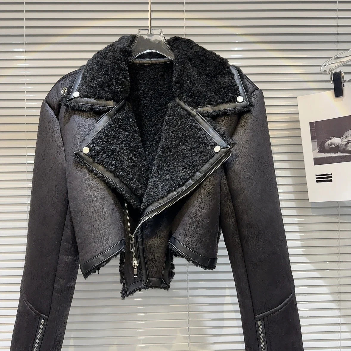Faux-Leather Shearling Moto Jacket Cropped Winter Biker Coat