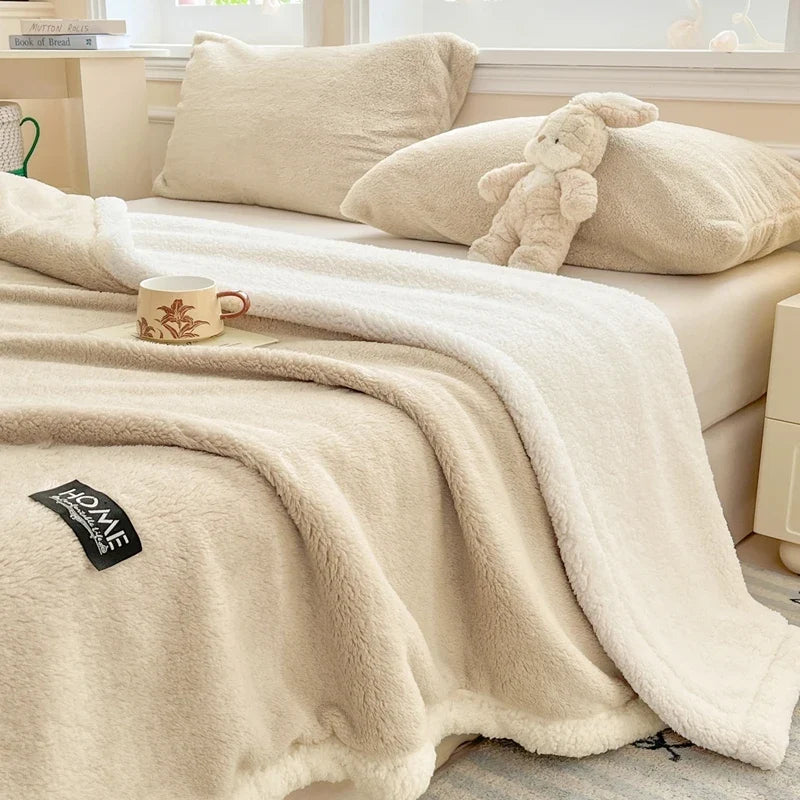 Thickened Double-layer Lamb Fleece Flannel Blanket for Bed Office Air Conditioning and Nap Throw Soft Blanket for Bedding Sofa