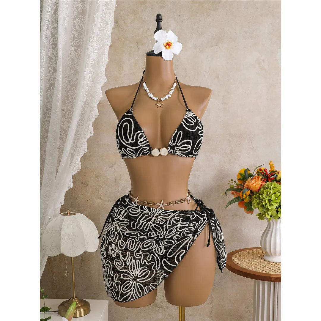 With Sarong Halter Printed Bikini Women Swimwear Female Swimsuit Padded Bather Bathing Suit Swim Three-pieces Bikini set K8073