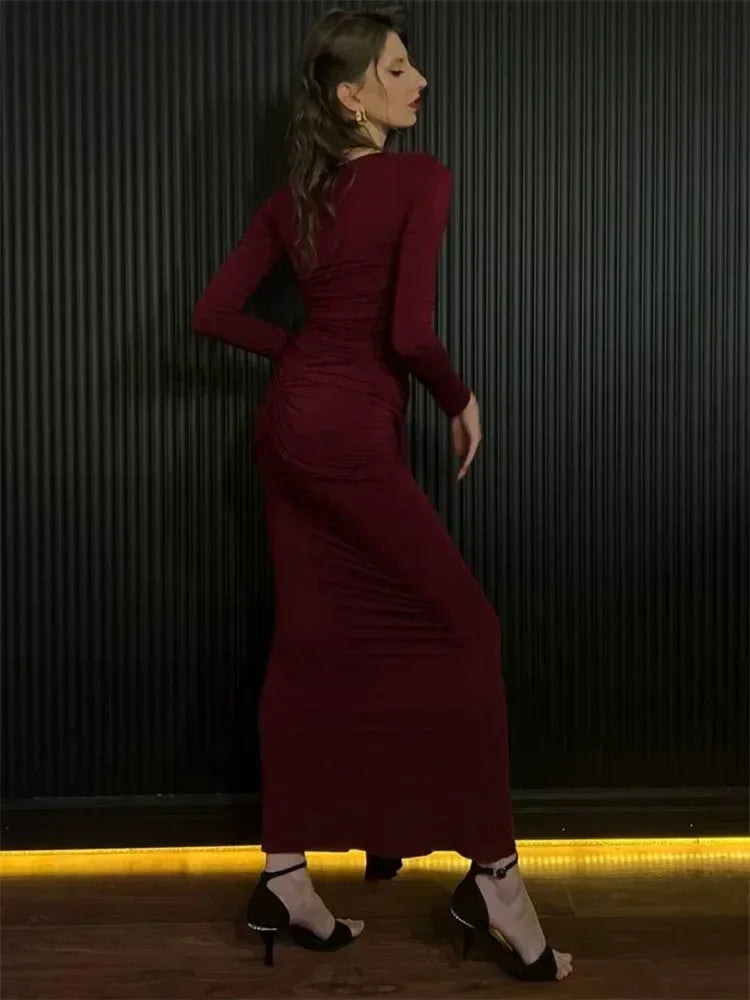 Vestido largo plisado sexy de mujer Tossy, retazos, retorcido, ajustado, manga larga, color sólido, estilo Y2k, para otoño, ropa de calle, vestido ajustado para mujer