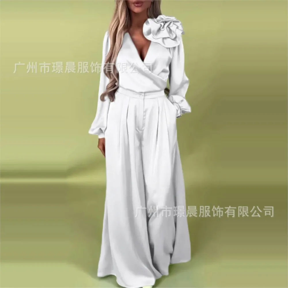 Fashion Solid Color Satin Long Sleeve Shirt Women 2 Piece Spring Autumn New Casual Loose Wide Leg Pants Pocket Female Office Set