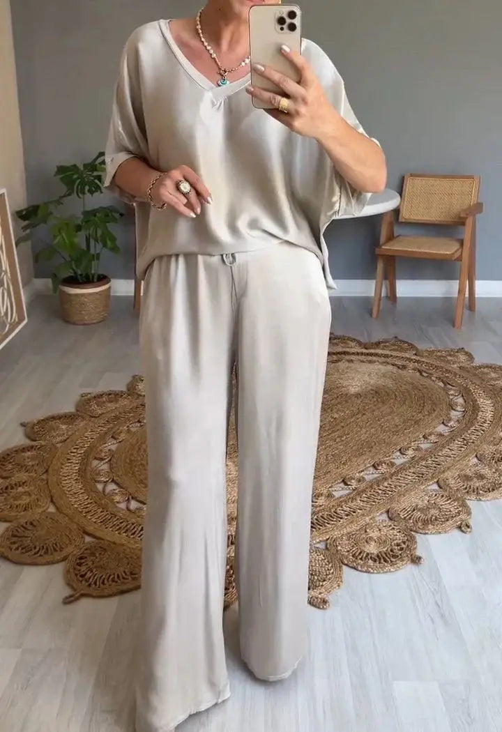 Summer Short-sleeved T-shirt Two-piece Set For Women V-neck Top Pullover Wide-leg Pants Suit For Women Spring Loose Satin Suit