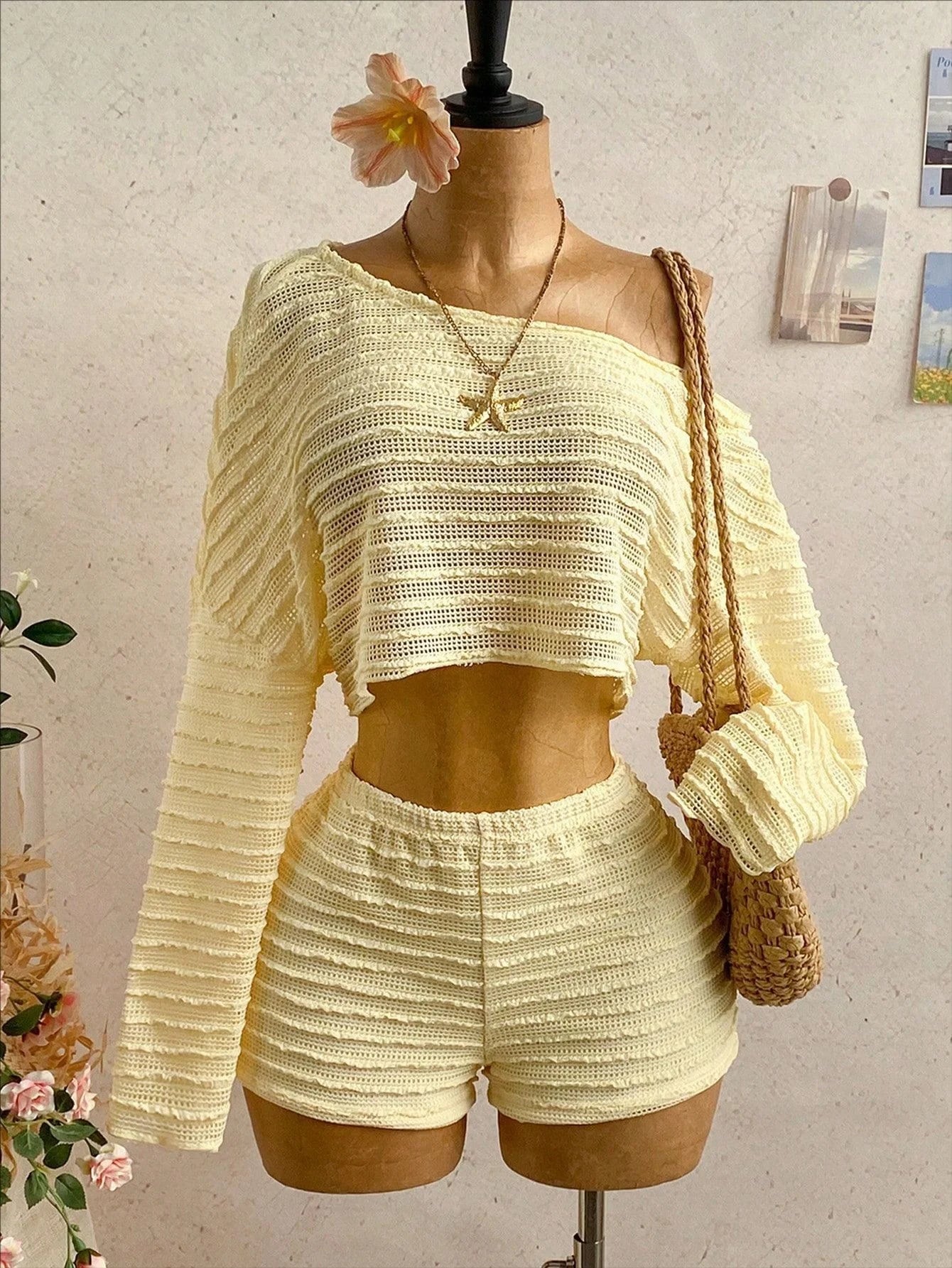 Boho Asymmetrical Off Shoulder Striped Knit Two Piece Set Women Long Sleeve Crop Top High Waist Shorts For Summer Vacation