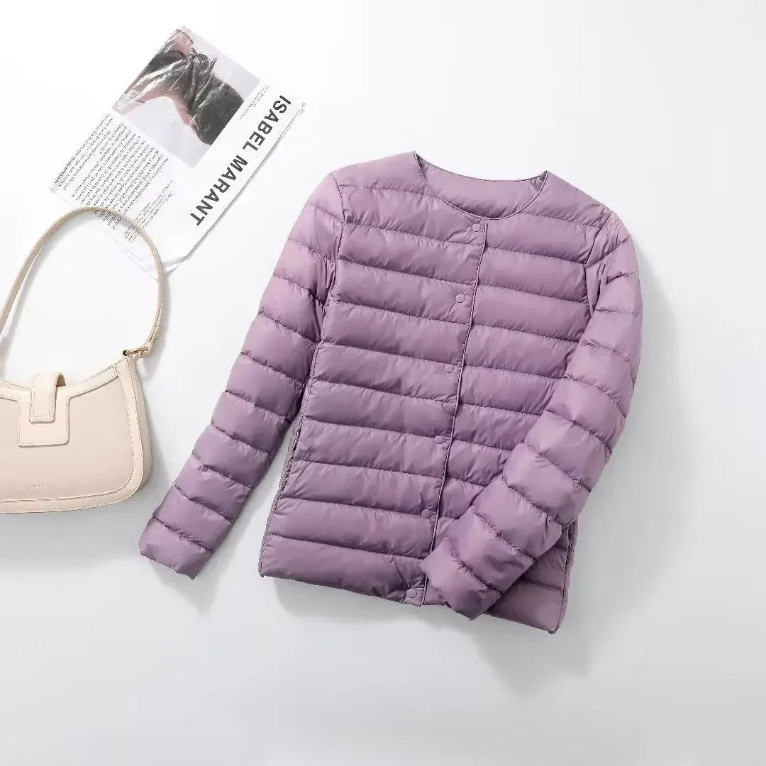 New Female Light Down Coat Women Liner Duck Down Jacket O-neck Variable V-neck 2024 Fall Collarless Light Quilted Puffer Coat