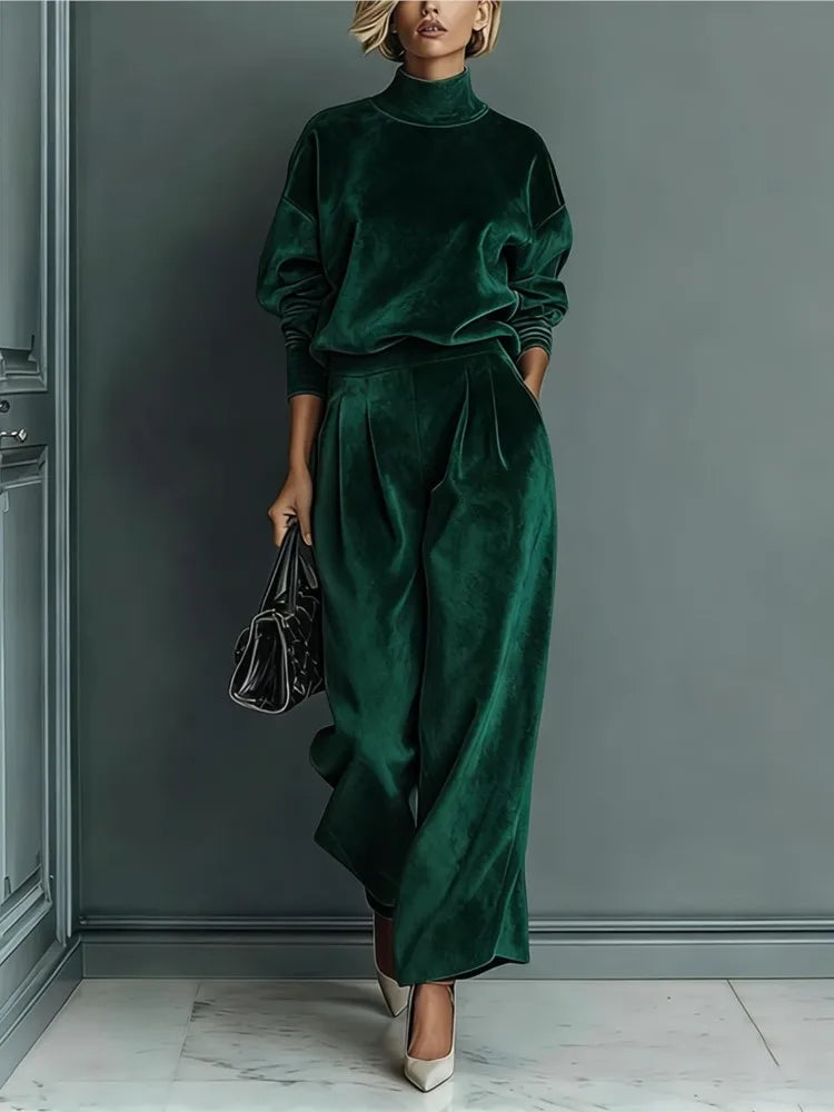 Autumn Winter Fashion High Collar Gold Velvet Long Sleeve Women's Suit Casual Sports Wide Leg Trousers Female Office 2 Piece Set