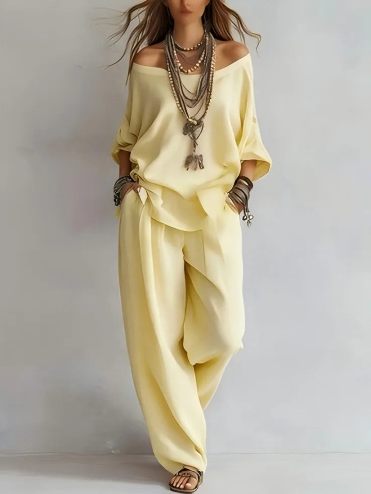 Summer New Casual Loose Linen Women's Two Piece Set Three-quarter Sleeve Off Shoulder Top Wide Leg Pants Suit Women Clothing