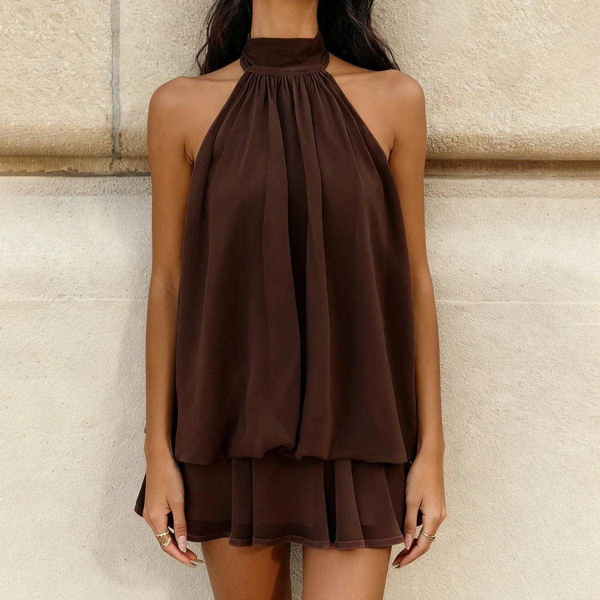 Women's Summer Solid Color Halter Neck Mini Dress Sleeveless Open Back Drop Waist Ruffle Beach Clubbing Dresses