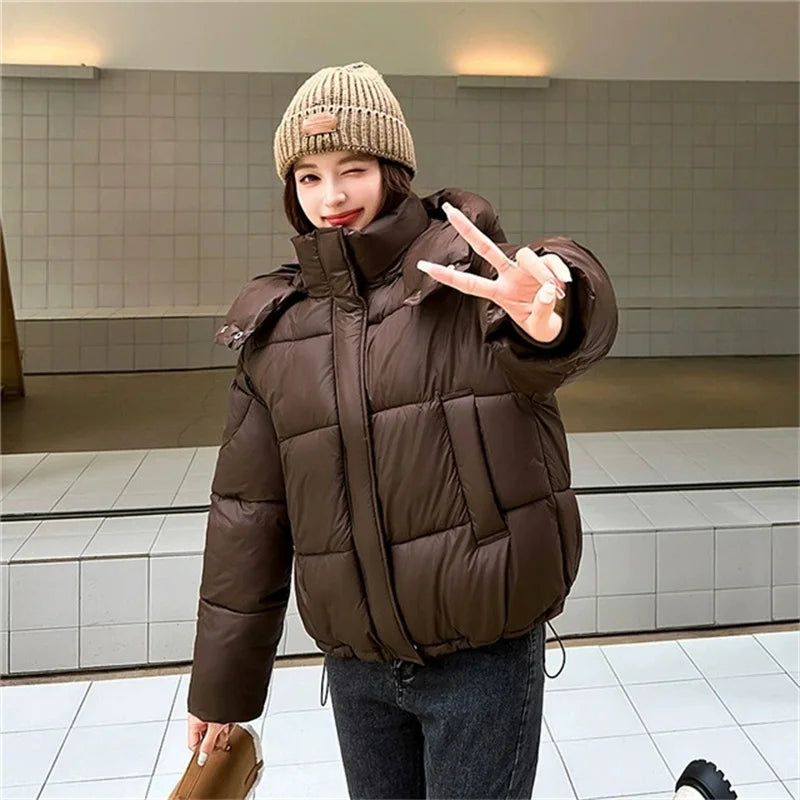 2026 Winter Women Thicke Cotton Coat Loose Hooded Puffer Jacket New Cropped Down Cotton Padded Coat  Female Parkas Outwear