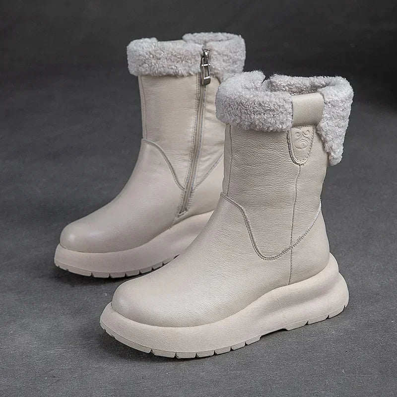 Koznoy 5cm Natural Genuine Leather Chunky Cow Spring Rubber Ankle Boots Soft Soled Winter Plush Flats Booties Autumn Women Shoes